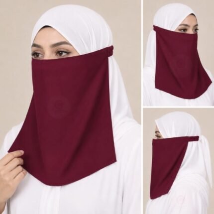 Women Wearing Premium maroon Elastic Half Niqab - designed with the highest quality, double layered fabric that is comfortable & breathable for modest women. BY CLOTHIFYDOTPK