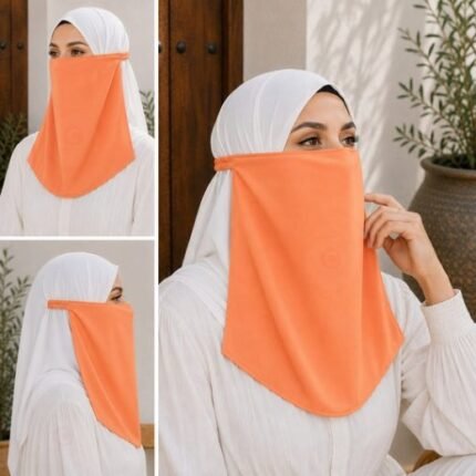 Women Wearing Premium tangy orange Elastic Half Niqab - designed with the highest quality, double layered fabric that is comfortable & breathable for modest women. BY CLOTHIFYDOTPK