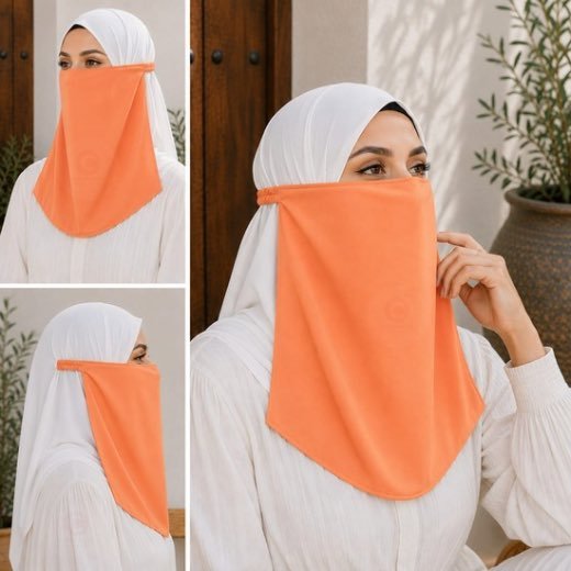 Elastic Half Niqab 0551 - 61 Women Wearing Premium tangy orange Elastic Half Niqab - designed with the highest quality, double layered fabric that is comfortable & breathable for modest women. BY CLOTHIFYDOTPK