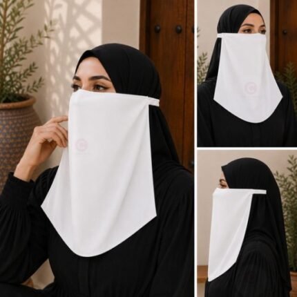 Women Wearing Premium White Elastic Half Niqab - designed with the highest quality, double layered fabric that is comfortable & breathable for modest women. BY CLOTHIFYDOTPK