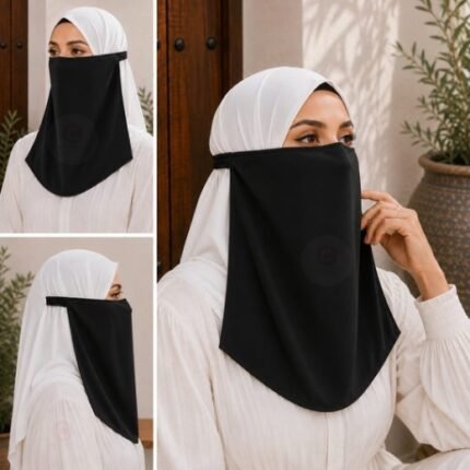 Women Wearing Premium Black Elastic Half Niqab - designed with the highest quality, double layered fabric that is comfortable & breathable for modest women. BY CLOTHIFYDOTPK