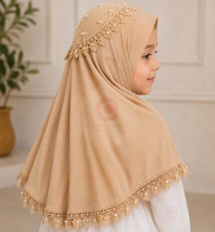 Young kid wearing Beige Soft breathable Namaz Makhna or Makhna Hijab. BY CLOTHIFYDOTPK