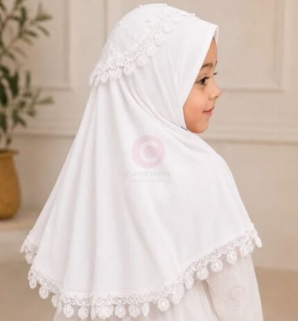 Kids wearing White Soft breathable Fancy Namaz Makhna or Makhna Hijab. BY CLOTHIFYDOTPK