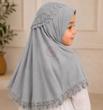 Kids wearing Gray Soft breathable Fancy Namaz Makhna or Makhna Hijab. BY CLOTHIFYDOTPK