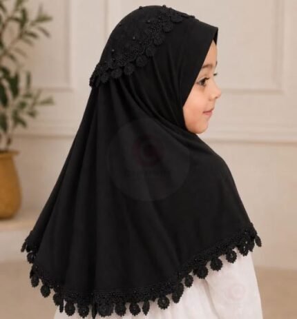 Kids wearing Black Soft breathable Fancy Namaz Makhna or Makhna Hijab. BY CLOTHIFYDOTPK
