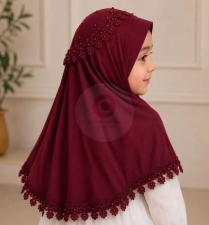 Kids wearing Maroon Soft breathable Fancy Namaz Makhna or Makhna Hijab. BY CLOTHIFYDOTPK