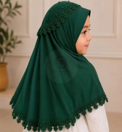 Kids wearing Green Soft breathable Fancy Namaz Makhna or Makhna Hijab. BY CLOTHIFYDOTPK