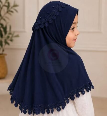 Kids wearing Navy Blue Soft breathable Fancy Namaz Makhna or Makhna Hijab. BY CLOTHIFYDOTPK