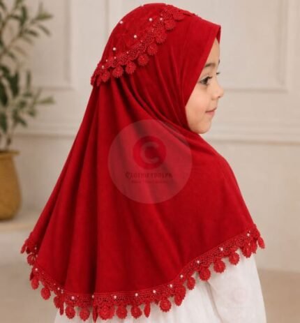 Kids wearing Red Soft breathable Fancy Namaz Makhna or Makhna Hijab. BY CLOTHIFYDOTPK