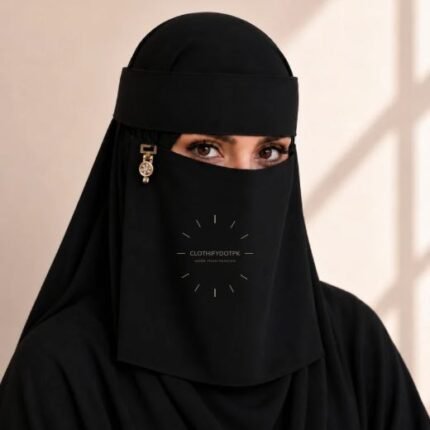 Model wearing a luxury Premium Nida fabric Fancy Saudi niqab. BY CLOTHIFYDOTPK