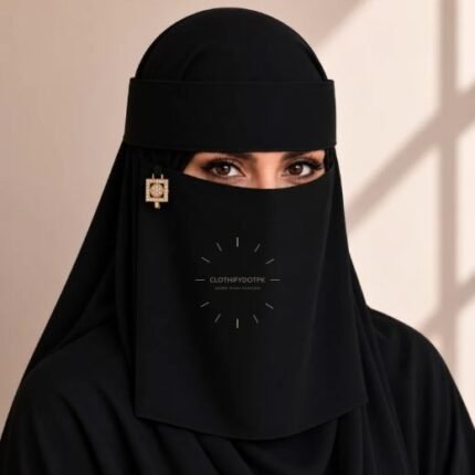 Model wearing a luxury Premium Nida fabric Fancy Saudi niqab. BY CLOTHIFYDOTPK