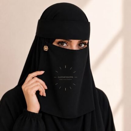 Model wearing a luxury Premium Nida fabric Fancy Saudi niqab. BY CLOTHIFYDOTPK