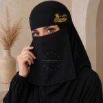 Model wearing breathable lightweight Embroidered Fancy Saudi Niqab with maatha patti and adjustable strings. BY CLOTHIFYDOTPK
