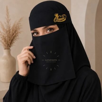 Model wearing breathable lightweight Embroidered Fancy Saudi Niqab with maatha patti and adjustable strings. BY CLOTHIFYDOTPK