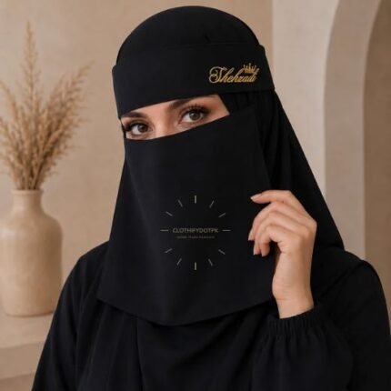 Model wearing breathable lightweight Embroidered Fancy Saudi Niqab with maatha patti and adjustable strings. BY CLOTHIFYDOTPK