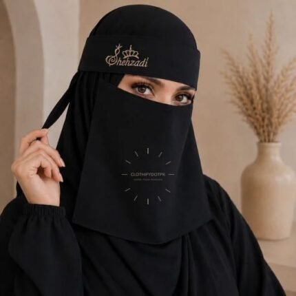 Model wearing breathable lightweight Embroidered Fancy Saudi Niqab with maatha patti and adjustable strings. BY CLOTHIFYDOTPK