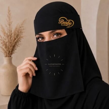 Model wearing breathable lightweight Embroidered Fancy Saudi Niqab with maatha patti and adjustable strings. BY CLOTHIFYDOTPK
