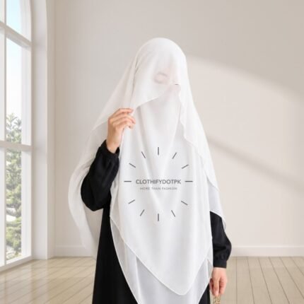 Woman wearing a soft arabic Flap Khimar hijab with Niqab, featuring a front flap overlay for added coverage and graceful movement. By CLOTHIFYDOTPK