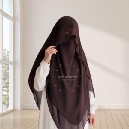Woman wearing a soft arabic Flap Khimar hijab with Niqab, featuring a front flap overlay for added coverage and graceful movement. By CLOTHIFYDOTPK