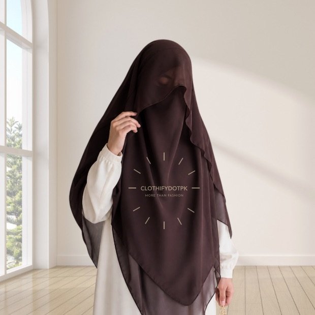 Woman wearing a soft arabic Flap Khimar hijab with Niqab, featuring a front flap overlay for added coverage and graceful movement. By CLOTHIFYDOTPK