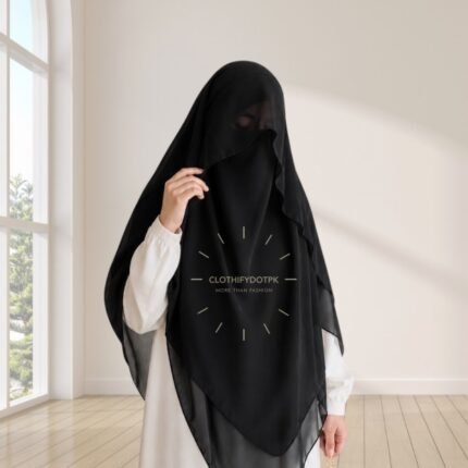 Woman wearing a soft arabic Flap Khimar hijab with Niqab, featuring a front flap overlay for added coverage and graceful movement. By CLOTHIFYDOTPK