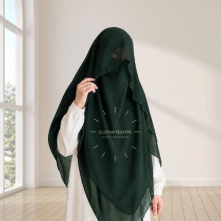Woman wearing a soft arabic Flap Khimar hijab with Niqab, featuring a front flap overlay for added coverage and graceful movement. By CLOTHIFYDOTPK
