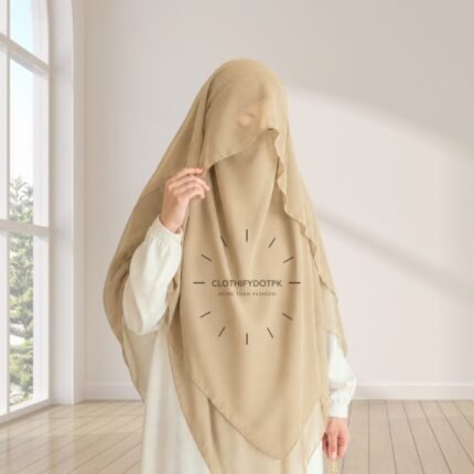 Woman wearing a soft arabic Flap Khimar hijab with Niqab, featuring a front flap overlay for added coverage and graceful movement. By CLOTHIFYDOTPK