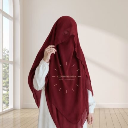 Woman wearing a soft arabic Flap Khimar hijab with Niqab, featuring a front flap overlay for added coverage and graceful movement. By CLOTHIFYDOTPK