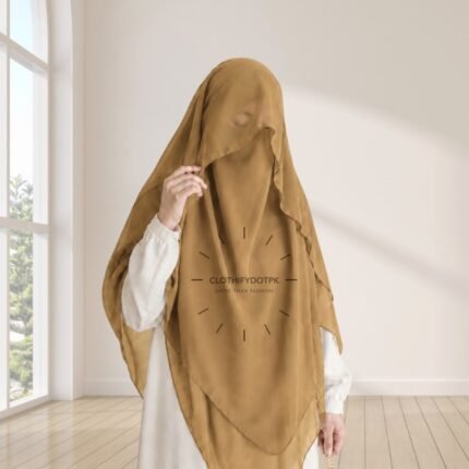 Woman wearing a soft arabic Flap Khimar hijab with Niqab, featuring a front flap overlay for added coverage and graceful movement. By CLOTHIFYDOTPK