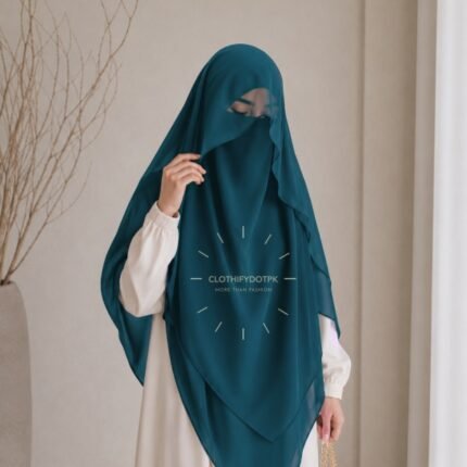 Woman wearing a soft arabic Saudi Flap Khimar hijab with Niqab, featuring a front flap overlay for added coverage and graceful movement.