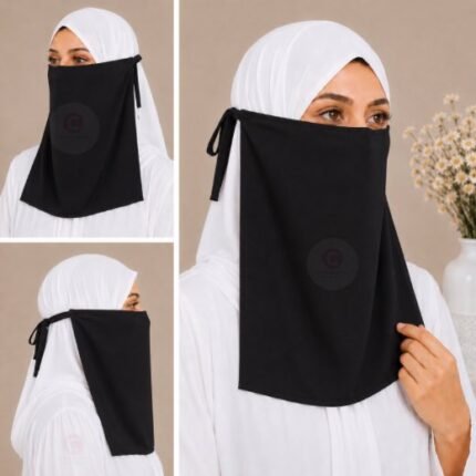 Woman wearing easy wear tie back half niqab in breathable soft double layered chiffon, front coverage side view adjustable closure. BY CLOTHIFYDOTPK