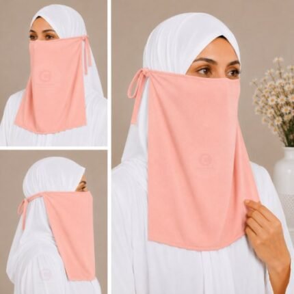 Woman wearing easy wear tie back half niqab in breathable soft double layered chiffon, front coverage side view adjustable closure. BY CLOTHIFYDOTPK