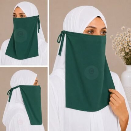Woman wearing easy wear tie back half niqab in breathable soft double layered chiffon, front coverage side view adjustable closure. BY CLOTHIFYDOTPK