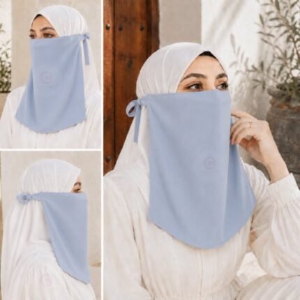 Woman wearing easy wear tie back half niqab in breathable soft double layered chiffon, front coverage side view adjustable closure. BY CLOTHIFYDOTPK