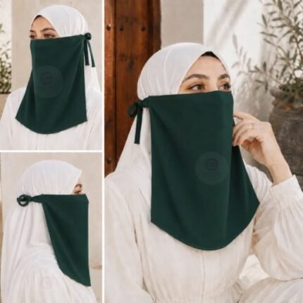 Woman wearing easy wear tie back half niqab in breathable soft double layered chiffon, front coverage side view adjustable closure. BY CLOTHIFYDOTPK