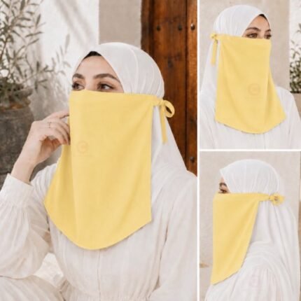 Woman wearing easy wear tie back half niqab in breathable soft double layered chiffon, front coverage side view adjustable closure. BY CLOTHIFYDOTPK