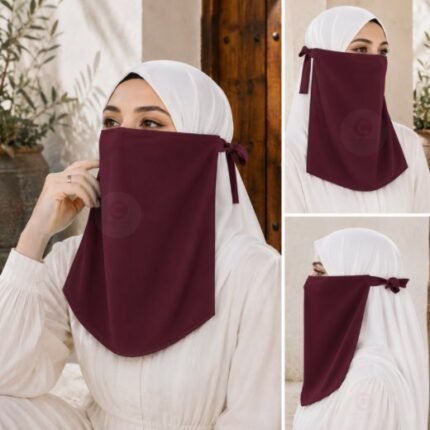 Woman wearing easy wear tie back half niqab in breathable soft double layered chiffon, front coverage side view adjustable closure. BY CLOTHIFYDOTPK