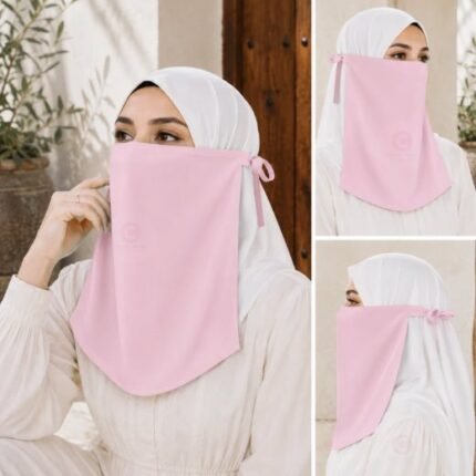 Woman wearing easy wear tie back half niqab in breathable soft double layered chiffon, front coverage side view adjustable closure. BY CLOTHIFYDOTPK