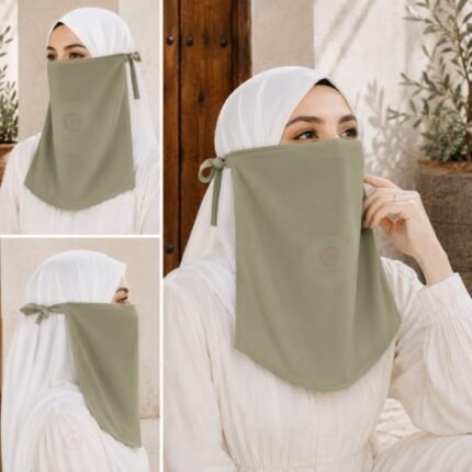 Woman wearing easy wear tie back half niqab in breathable soft double layered chiffon, front coverage side view adjustable closure. BY CLOTHIFYDOTPK