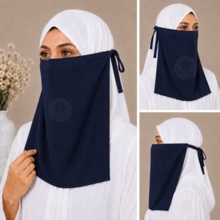 Woman wearing easy wear tie back half niqab in breathable soft double layered chiffon, front coverage side view adjustable closure. BY CLOTHIFYDOTPK