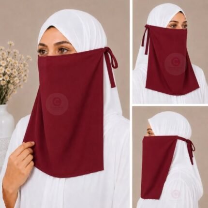 Woman wearing easy wear tie back half niqab in breathable soft double layered chiffon, front coverage side view adjustable closure. BY CLOTHIFYDOTPK