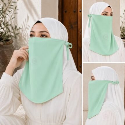 Woman wearing easy wear tie back half niqab in breathable soft double layered chiffon, front coverage side view adjustable closure. BY CLOTHIFYDOTPK