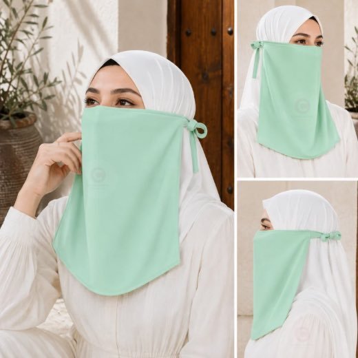 Half Niqab Tie Back 0241 - 20 Woman wearing easy wear tie back half niqab in breathable soft double layered chiffon, front coverage side view adjustable closure. BY CLOTHIFYDOTPK