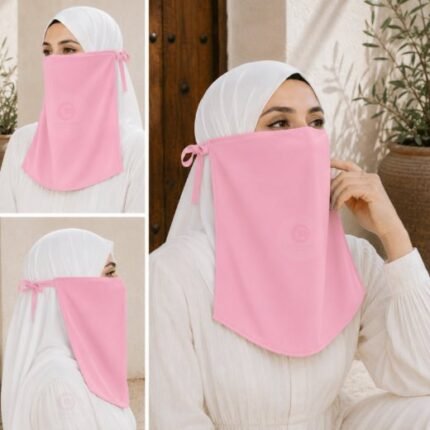 Woman wearing easy wear tie back half niqab in breathable soft double layered chiffon, front coverage side view adjustable closure. BY CLOTHIFYDOTPK