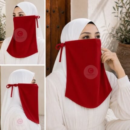 Woman wearing easy wear tie back half niqab in breathable soft double layered chiffon, front coverage side view adjustable closure. BY CLOTHIFYDOTPK