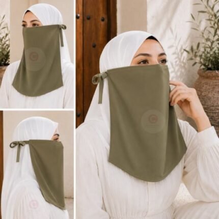 Woman wearing easy wear tie back half niqab in breathable soft double layered chiffon, front coverage side view adjustable closure. BY CLOTHIFYDOTPK