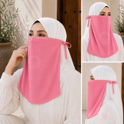 Woman wearing easy wear tie back half niqab in breathable soft double layered chiffon, front coverage side view adjustable closure. BY CLOTHIFYDOTPK