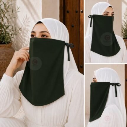 Woman wearing easy wear tie back half niqab in breathable soft double layered chiffon, front coverage side view adjustable closure. BY CLOTHIFYDOTPK