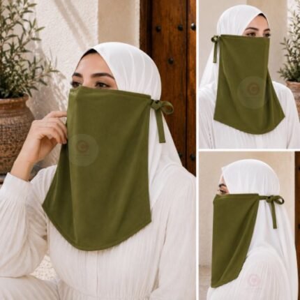 Woman wearing easy wear tie back half niqab in breathable soft double layered chiffon, front coverage side view adjustable closure. BY CLOTHIFYDOTPK