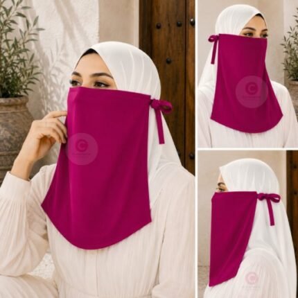 Woman wearing easy wear tie back half niqab in breathable soft double layered chiffon, front coverage side view adjustable closure. BY CLOTHIFYDOTPK
